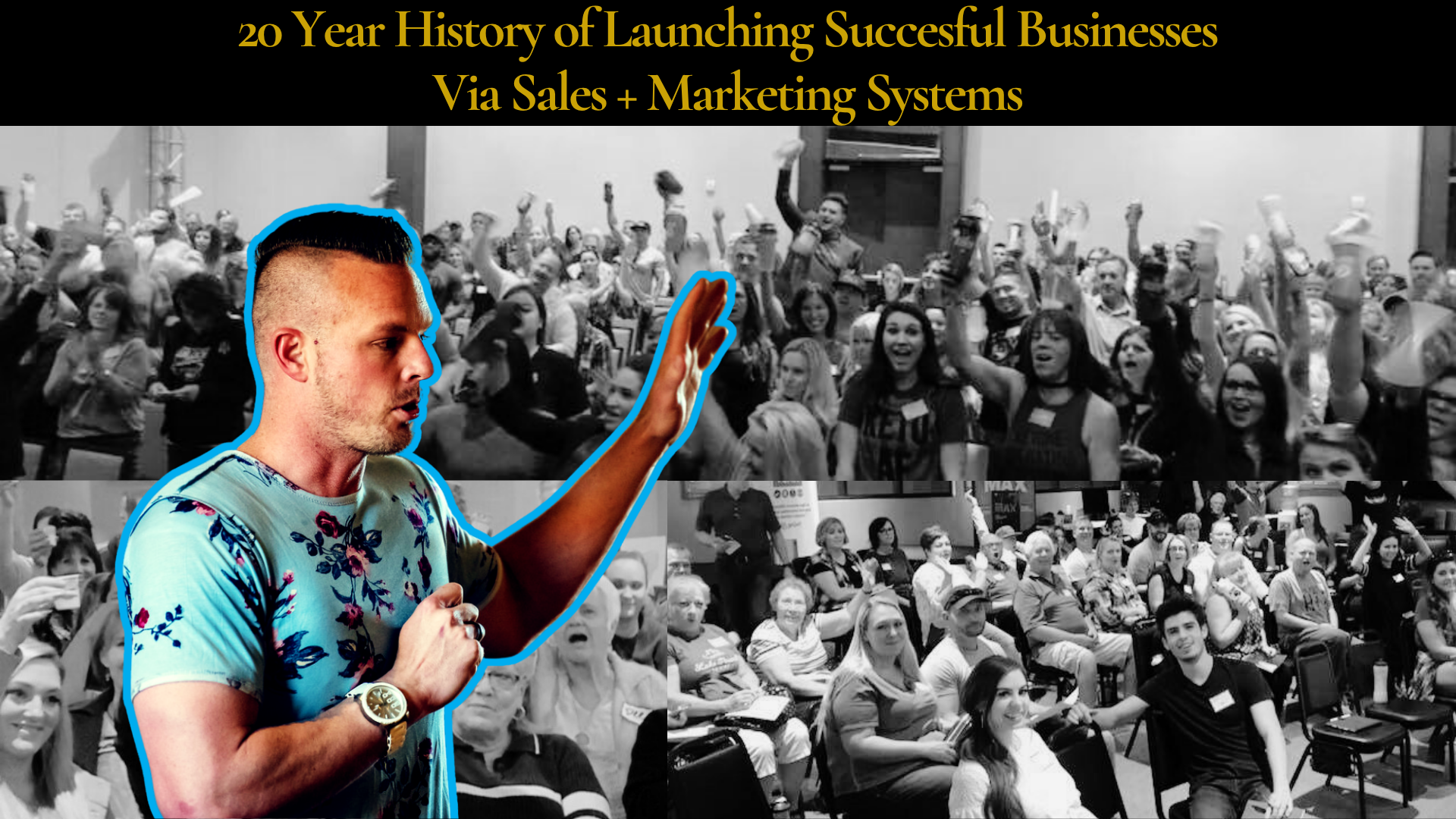 Andrew Smart speaking to a packed crowd — 20-year history of launching successful businesses