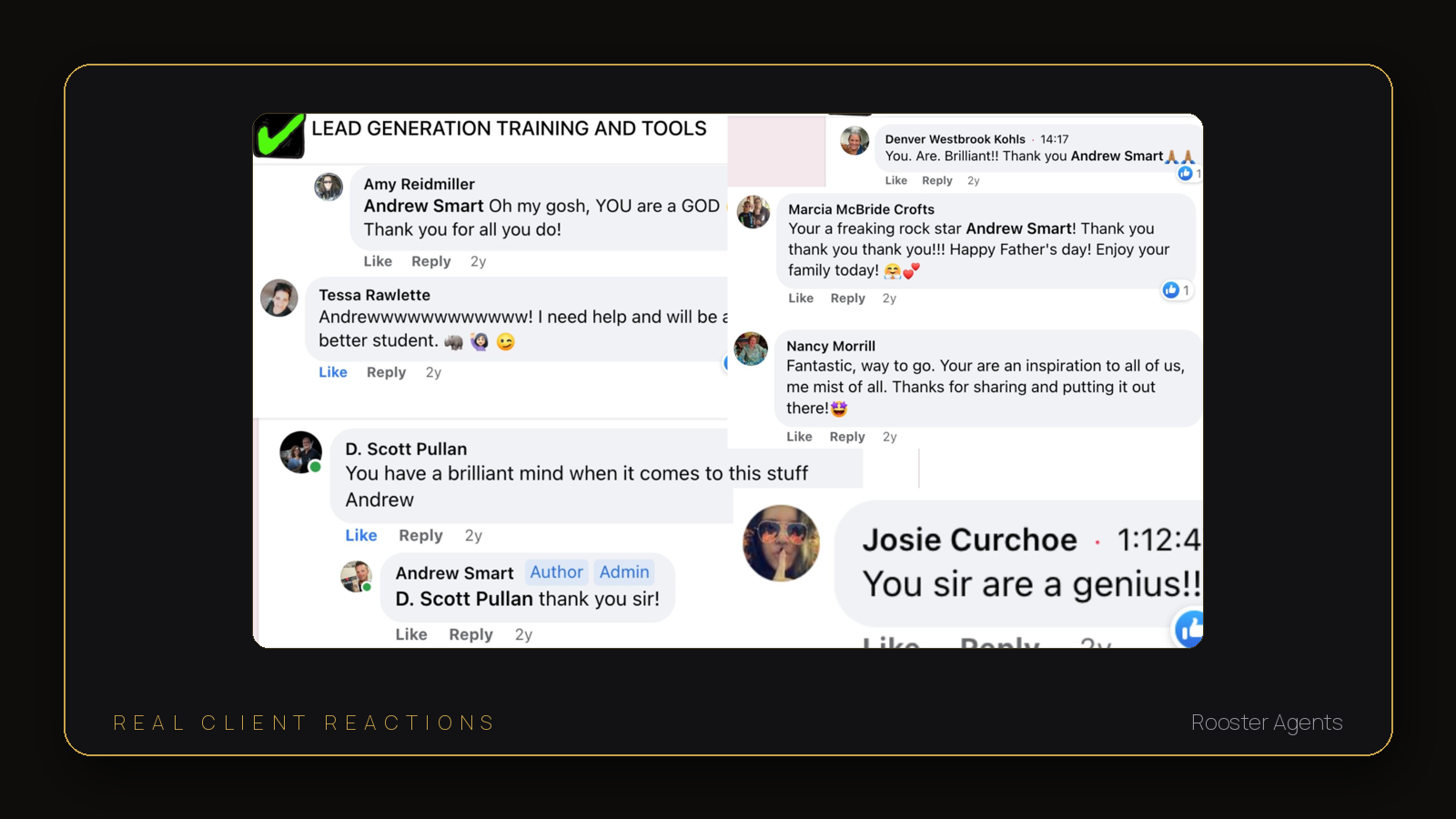 Wall of real client reactions and comments about Andrew's marketing